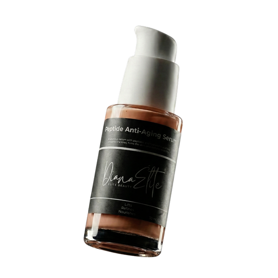 Dana Elle Peptide Anti-Aging Serum bottle with pump dispenser, skincare serum product photo on black background