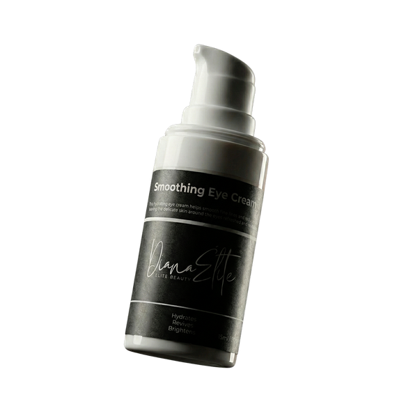 Bottle of smoothing eye cream with pump dispenser, hydrating and brightening under-eye skincare product